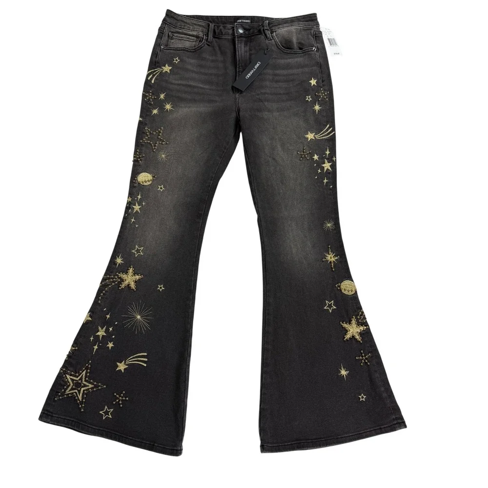Driftwood x Free People Farrah Celestial Embroidered Flare Jeans NWT 30 $178
